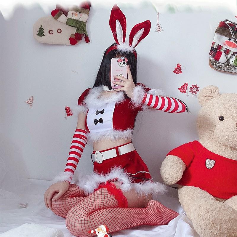 Christmas Lingerie Set Cute Bunny Cosplay Costume Halloween Party Pink Red Two Colors