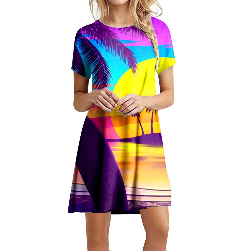 Summer Beach Dresses For Women Round Neck Printed Short Sleeve Dress