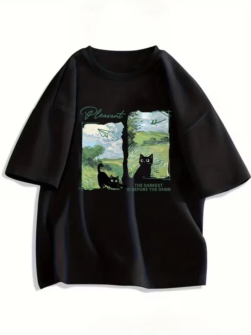 

Cat Lover Gift Tee Women Y2K Summer Casual Top Darkest Before Dawn Design Black Cat Sky Playful Print T Shirt Women S