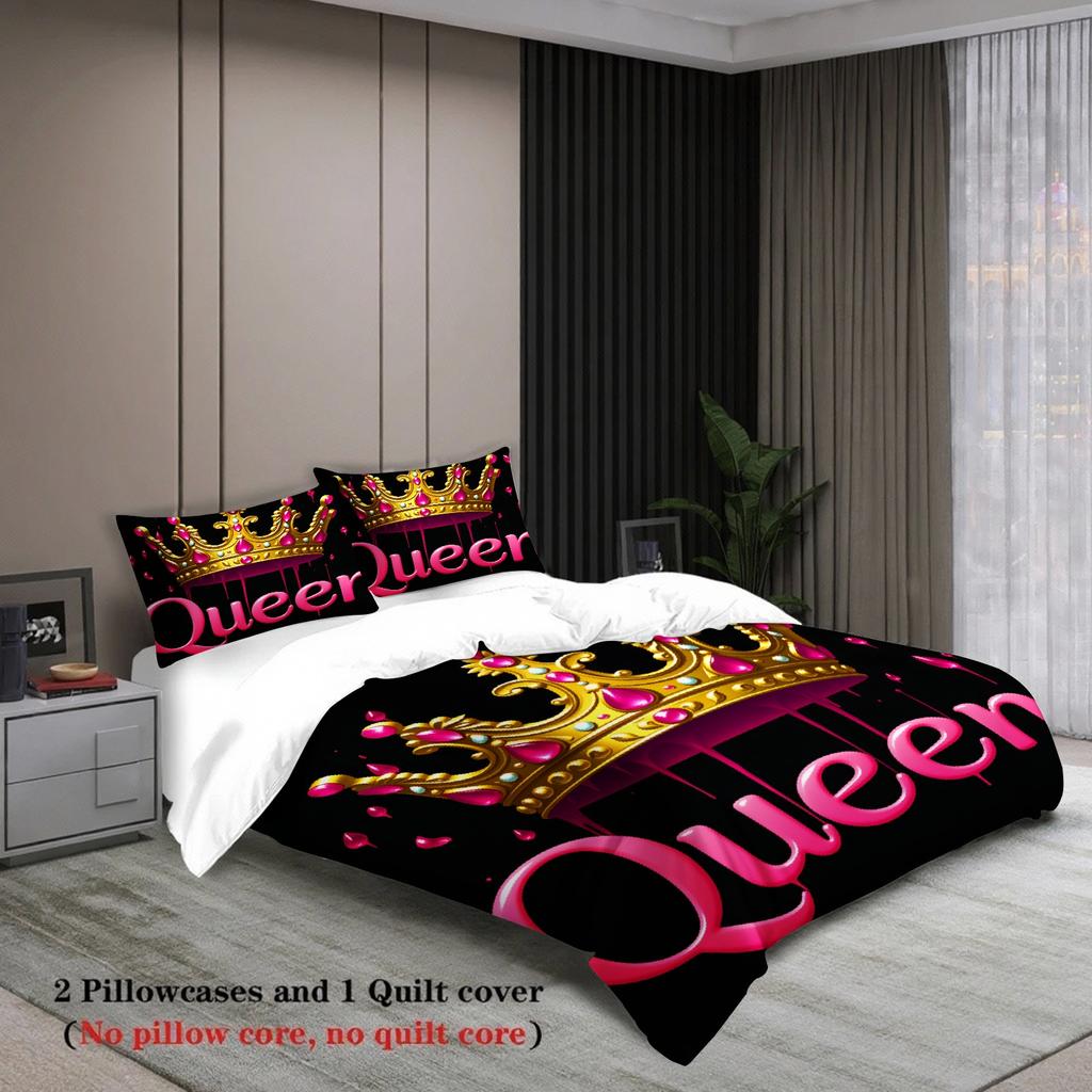 3pcs Black Queen Bedding Set Gifts For Couples Girls 3D Printed Crown Adult Soft Duvet Cover With 2 Pillowcases Bedroom Decor