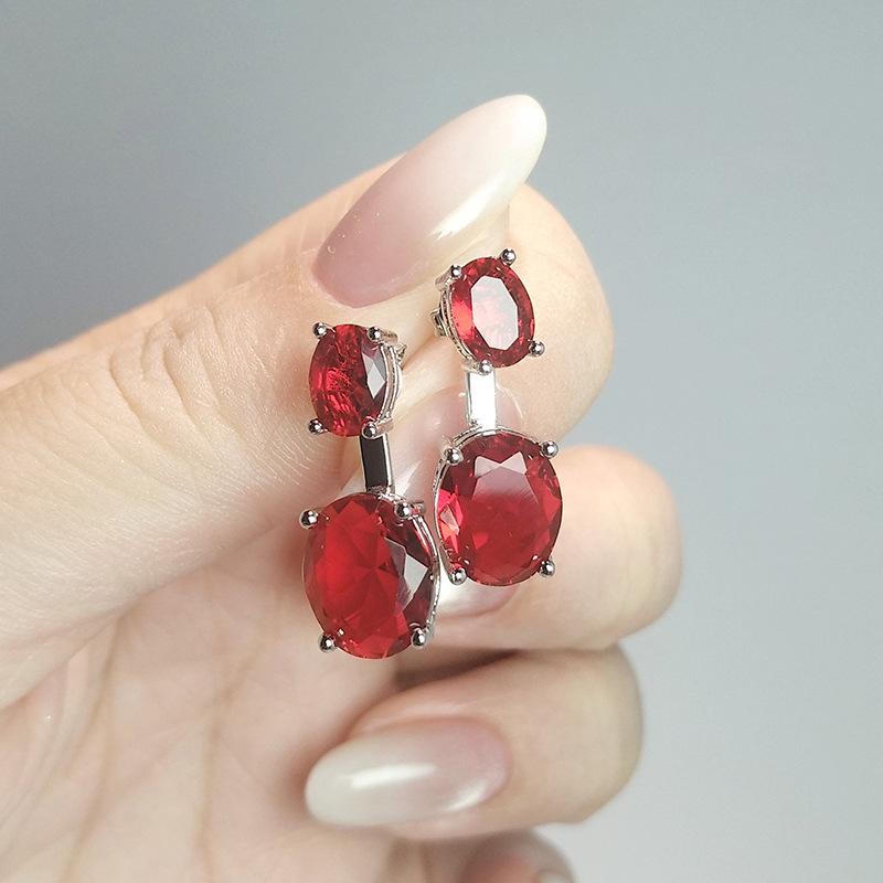 Rear Hanging Double Blue Stone Oval Diamond Suspension Earrings, Simple Colored Treasure Gift, Two Earrings.