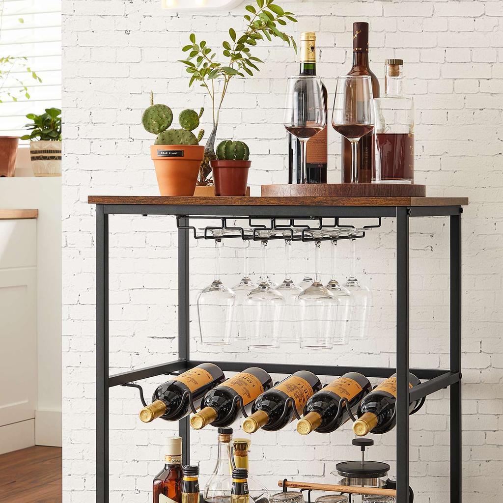 VASAGLE LRC087B01 Kitchen Trolley on Wheels with Shelves Glass and Bottle Holders 60 x 40 x 75 cm Industrial Design Vintage Brown/Black