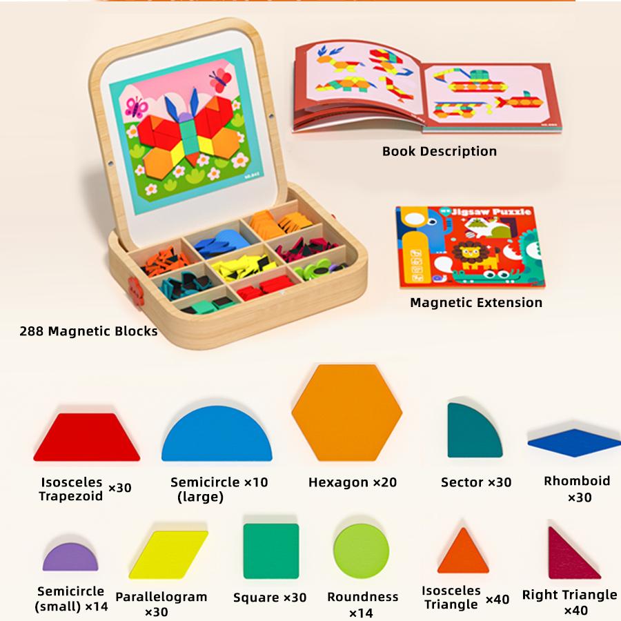 288pcs Wooden Magnetic Geometry Creative Puzzle Refrigerator Color Magnet Graphic Learning Brain Puzzle Toys Holiday Gifts