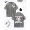 Cartoon Rabbit Match Graffiti Text Prints Washed T-Shirt Women Cotton Oversize Tops O-Neck Distressed T Shirt Clothes