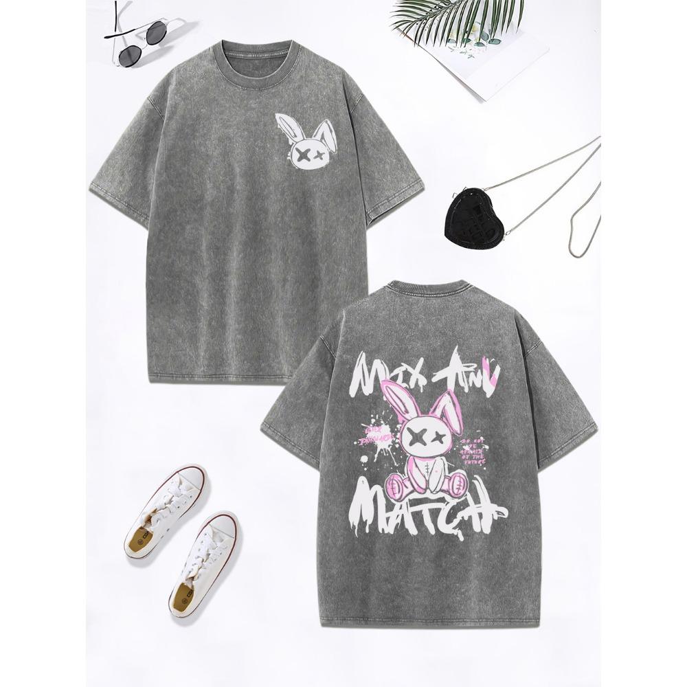 Cartoon Rabbit Match Graffiti Text Prints Washed T-Shirt Women Cotton Oversize Tops O-Neck Distressed T Shirt Clothes