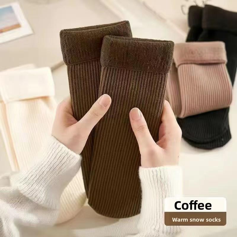 

5-1 пара женских осенне-зимних толстых теплых носков для пола, большого размера, с вертикальной полоской, снежных носков, носков-гольф на флисовой подкладке 3 pairs кофейный