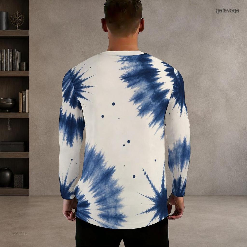 Men Plus Size Round Neck Long Sleeve Printed T Shirt White Blue Khaki Casual Pullover Straight Hem