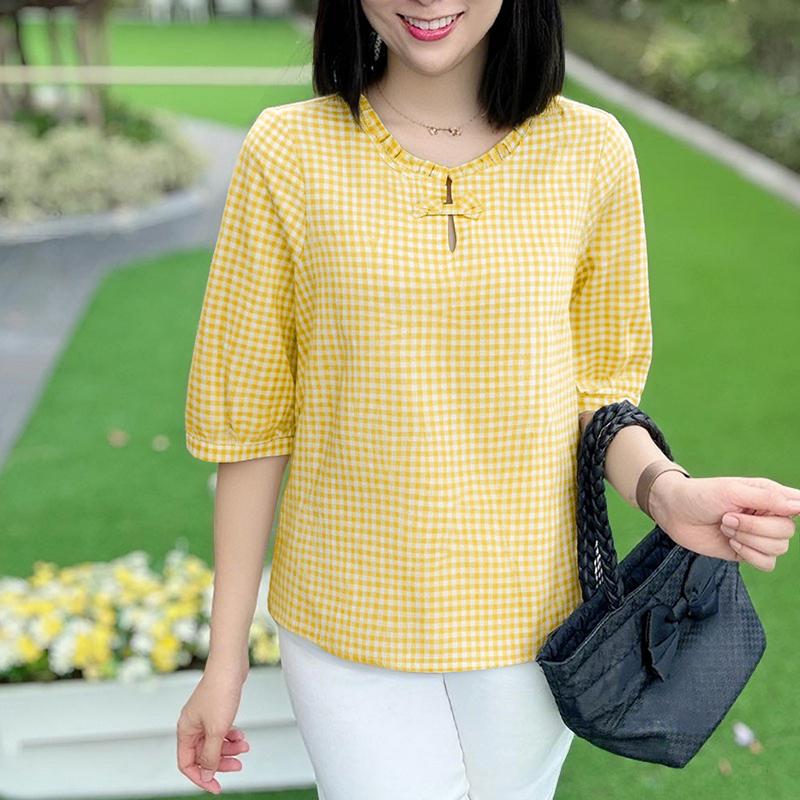 

ZANZEA Женская повседневная блузка с круглым вырезом, рукавом три четверти и клетчатым принтом XL