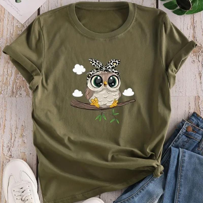 Fashion Women Cartoon Kawaii Owl Print T Shirt Funny Casual O-neck Short Sleeves T-shirt Summer Female Tee Shirt