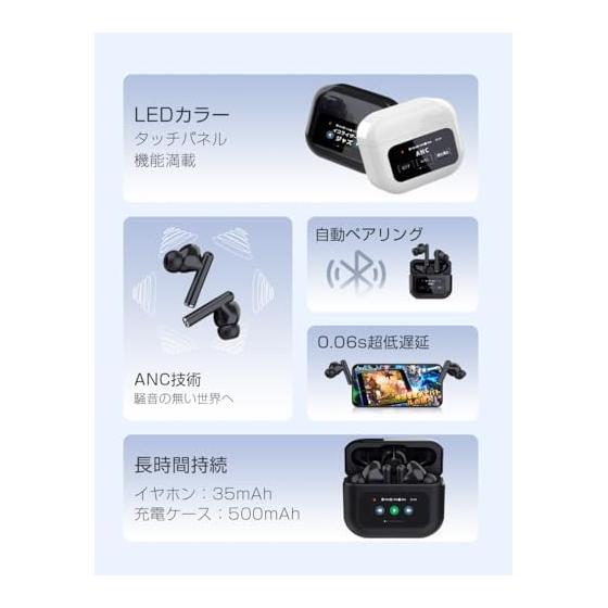 Bluetooth 5.4 completely wireless earphones with touch display, LCD case, ANC, entosound, built-in microphone, HiFi, high fidelity, hands-free