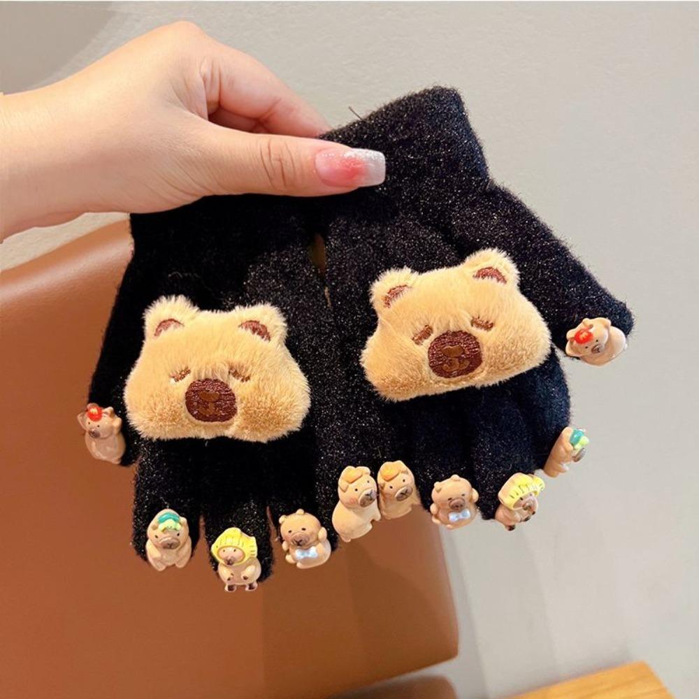 1 pair Capybara Children Glove Five Finger Cold-proof Gloves Thick Winter Plush Glove  Outdoors