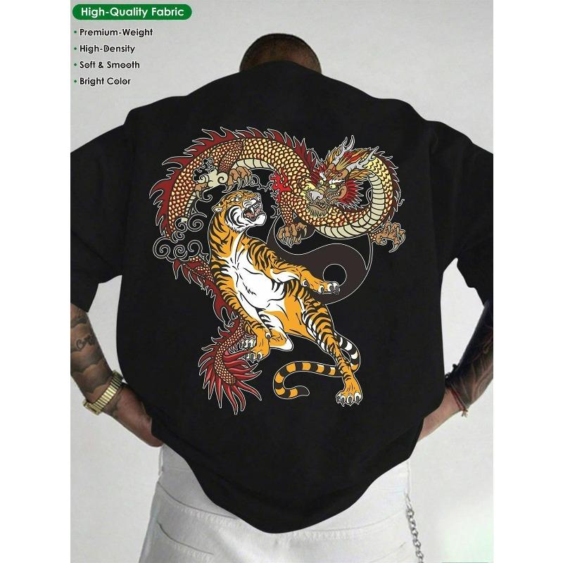 

European sizes Men & Women Dragon Tiger Yin Yang Chinese T-Shirt 4XL чорний