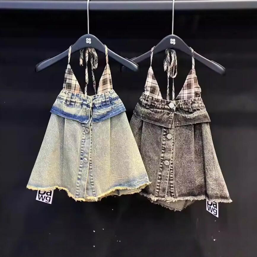 2026 Summer Plaid Patchwork Denim Halter Vest - Women s Slimming Designer Top Small синий