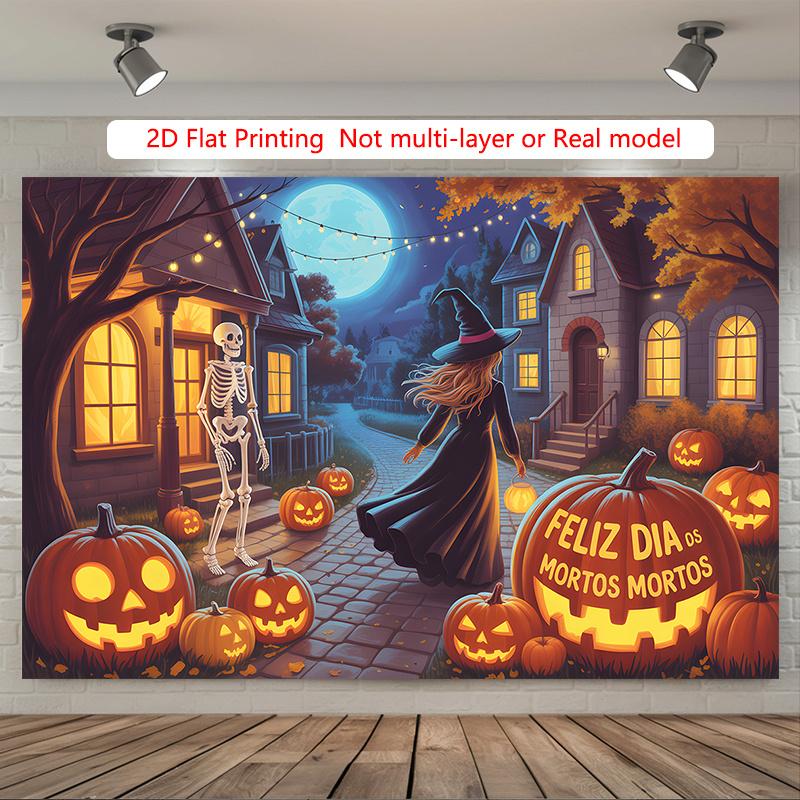 Party Backdrop Halloween Flat Spooky Witches Pumpkins Skeletons Hanging Round Photo Booth Decor Party Decor