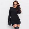 European & American Style Slim-Fit Solid Color Knitted Ruched Dress with Long Sleeves for Autumn & Winter