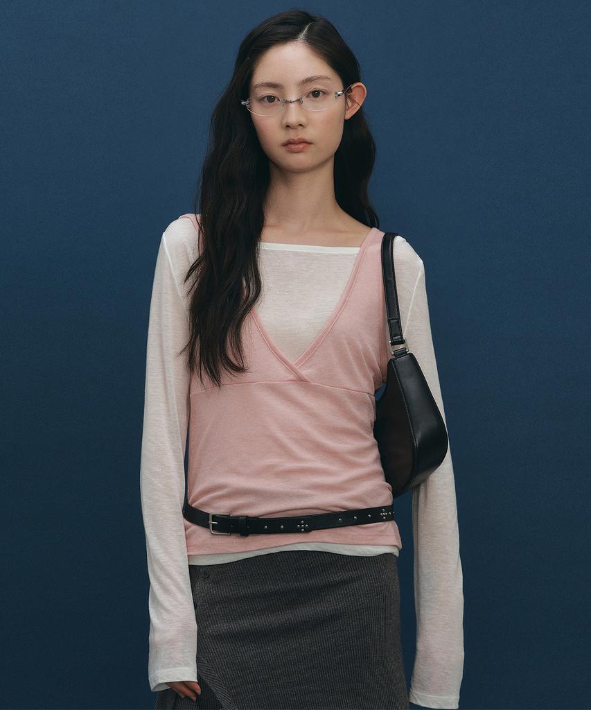 LOEIL V-Neck Sleeveless Layered T-Shirt - Ivory/Pink