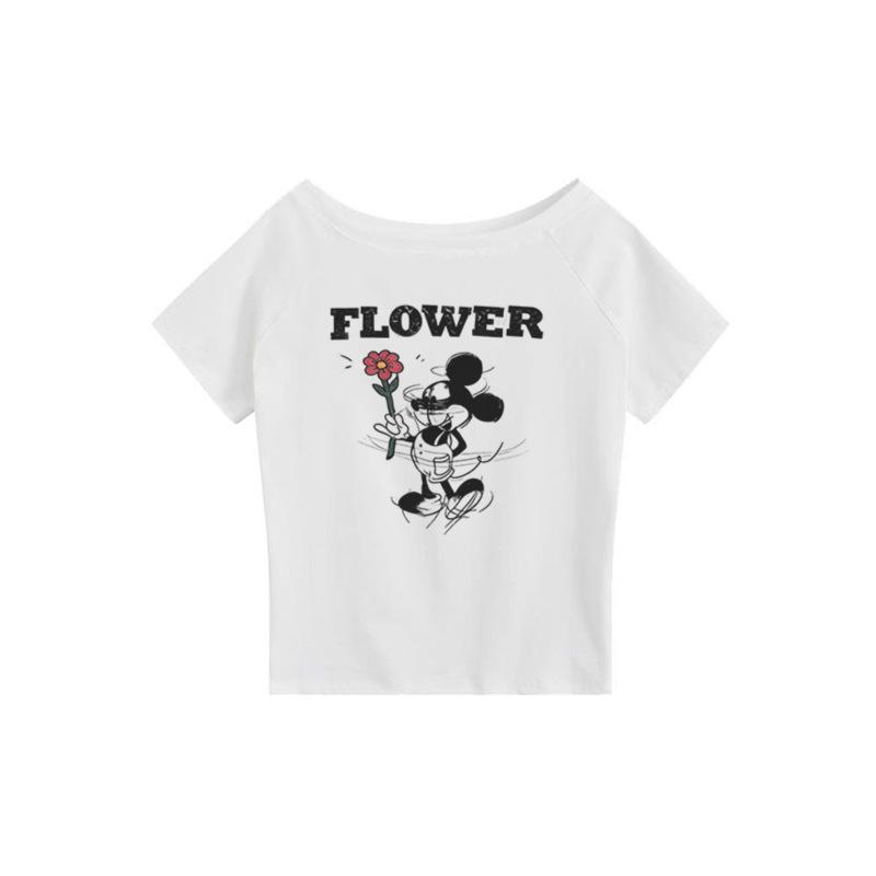 White Slanted Shoulder Off-shoulder Short-sleeved T-shirt Women's Summer New American Cartoon Mickey Print Casual Loose Top