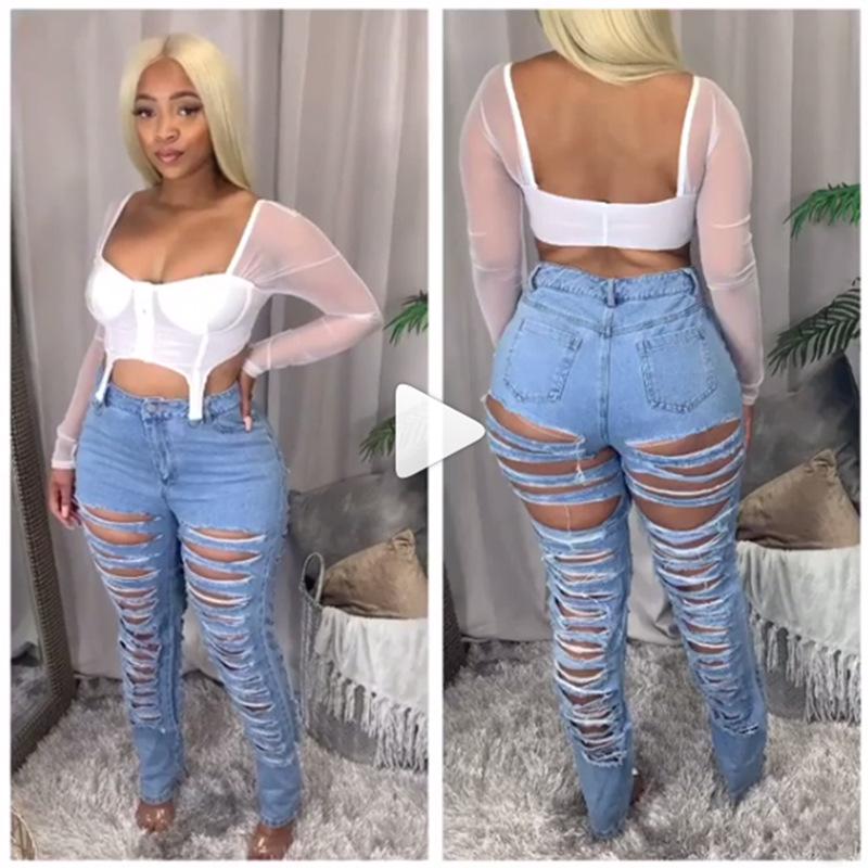 

Европейские и американские колледжские джинсы скинни стрейч с высокой посадкой - Специальная акция S светло-синий