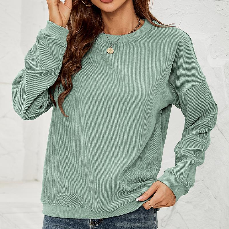 Women's Corduroy Sweatshirt Casual Round Neck Pullover Long Sleeve Top