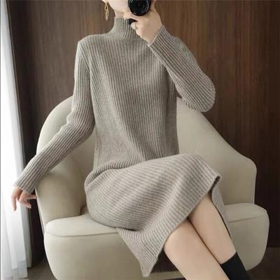 Fall Winter Elegant Half Collar Slim Long Sleeve Basic Rib Knitted Sweater Dress for Women Casual Solid Dresses Vestidos
