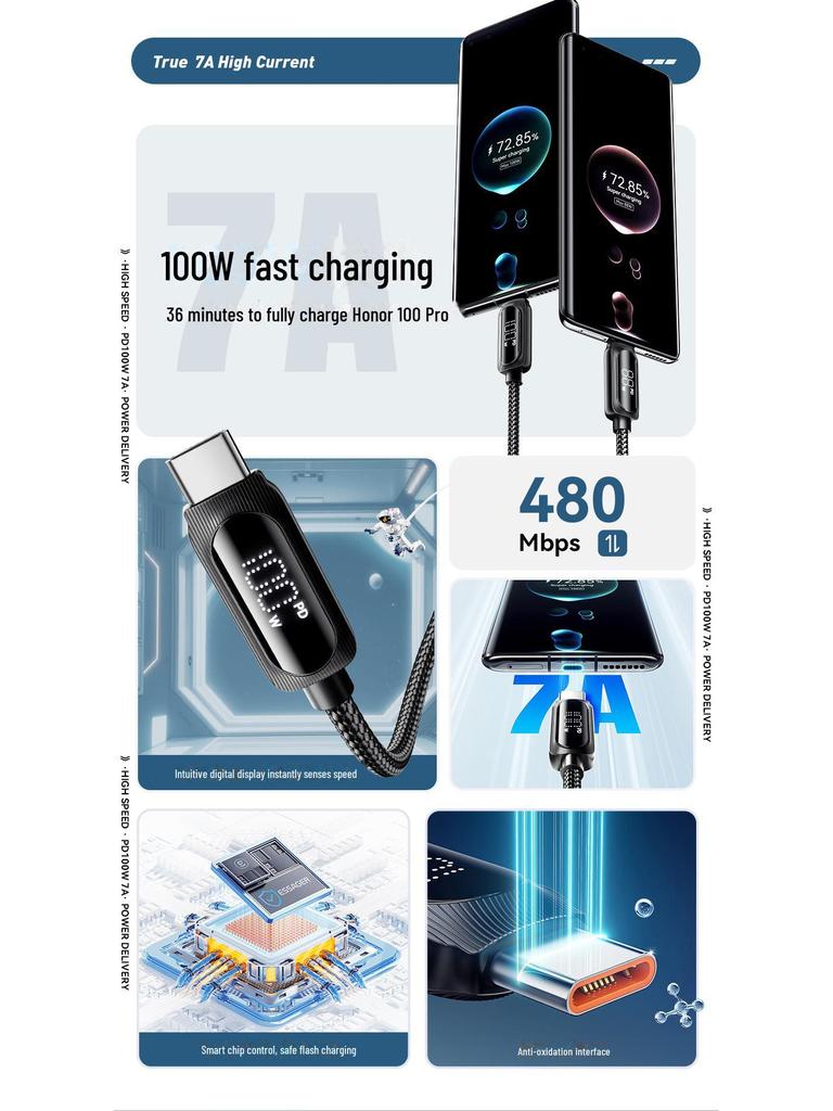 Nabíjecí kabel ESSAGER Type-C7A s digitálním displejem pro telefony Huawei, Honor, OPPO a další