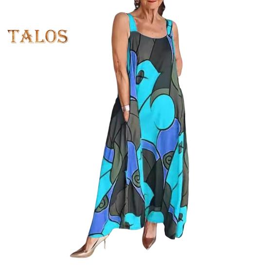 Damen Sommerkleid Ärmellos A-Linie Bunter Druck Seitentaschen Großer Saum Knöchellang Urlaub Strand Maxikleid