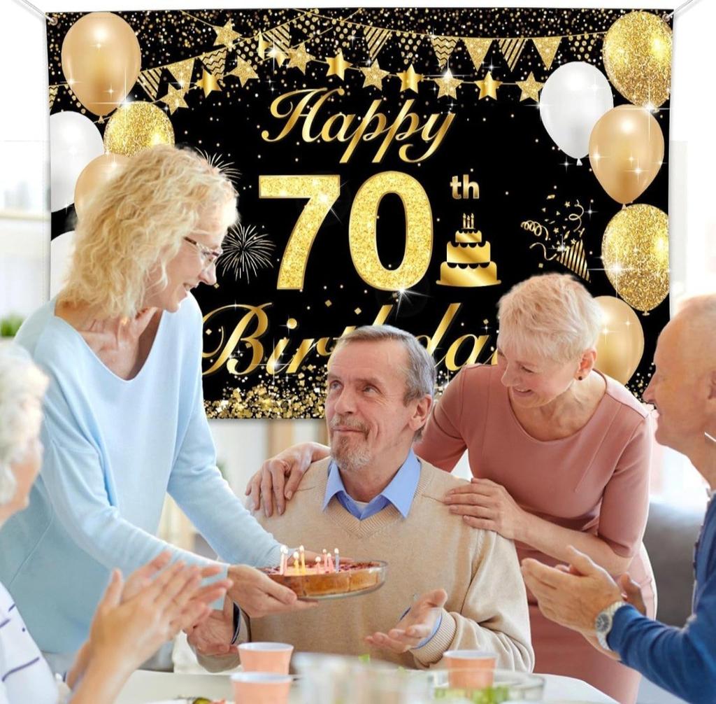 70th Birthday Backdrop Banner, Black Gold 70th Happy Birthday Banner 185cm×115