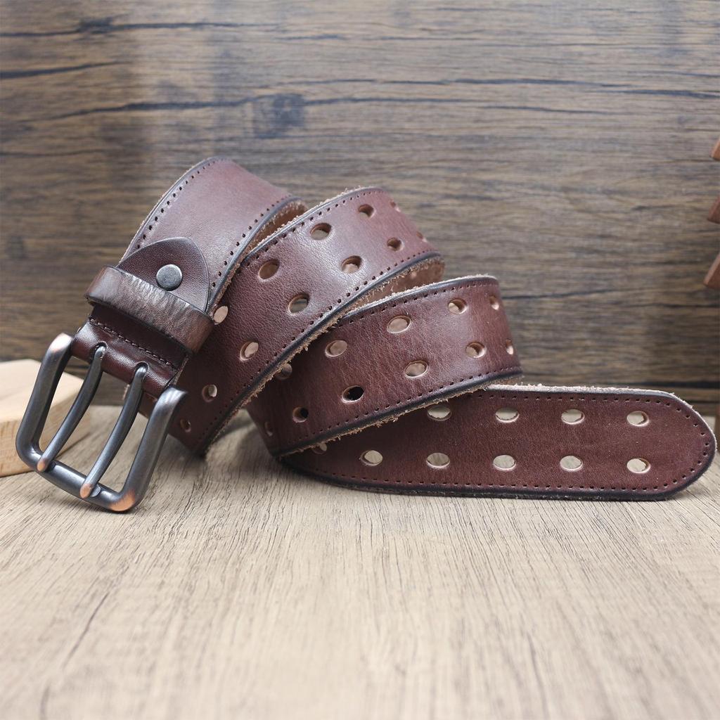 Trendy Personalized Retro Leather Belt with Double Pin Buckle for Men