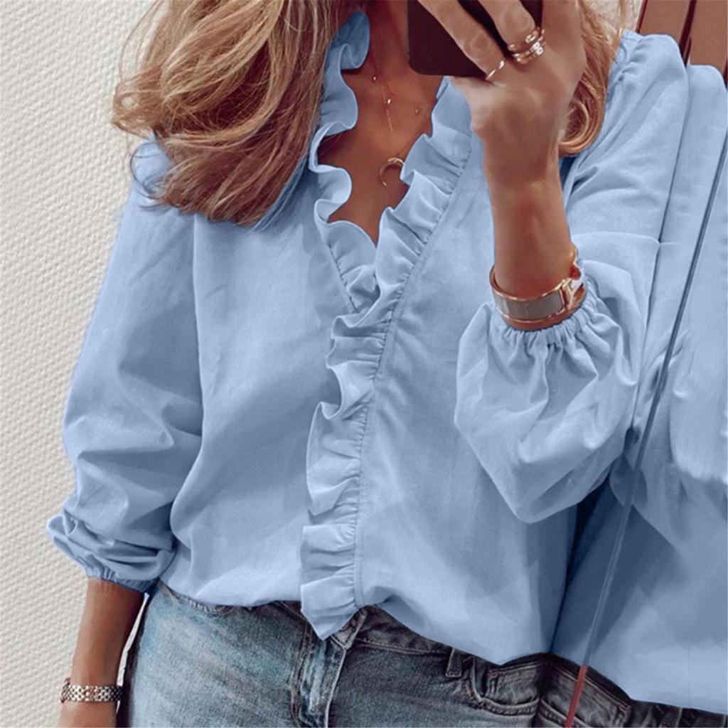 Fashion Woman Temperament Long Sleeve Ruffle Blouse Colour Comfort Shirt