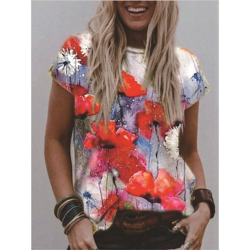 Summer Round Neck 3D Flower Print Top Fashionable Casual Short Sleeved Women's T-shirts