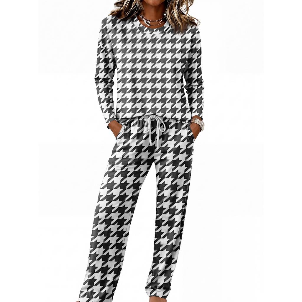 Women's Casual Long Sleeve Round Neck Drawstring Wide Leg Pajama Set for Sleepwear