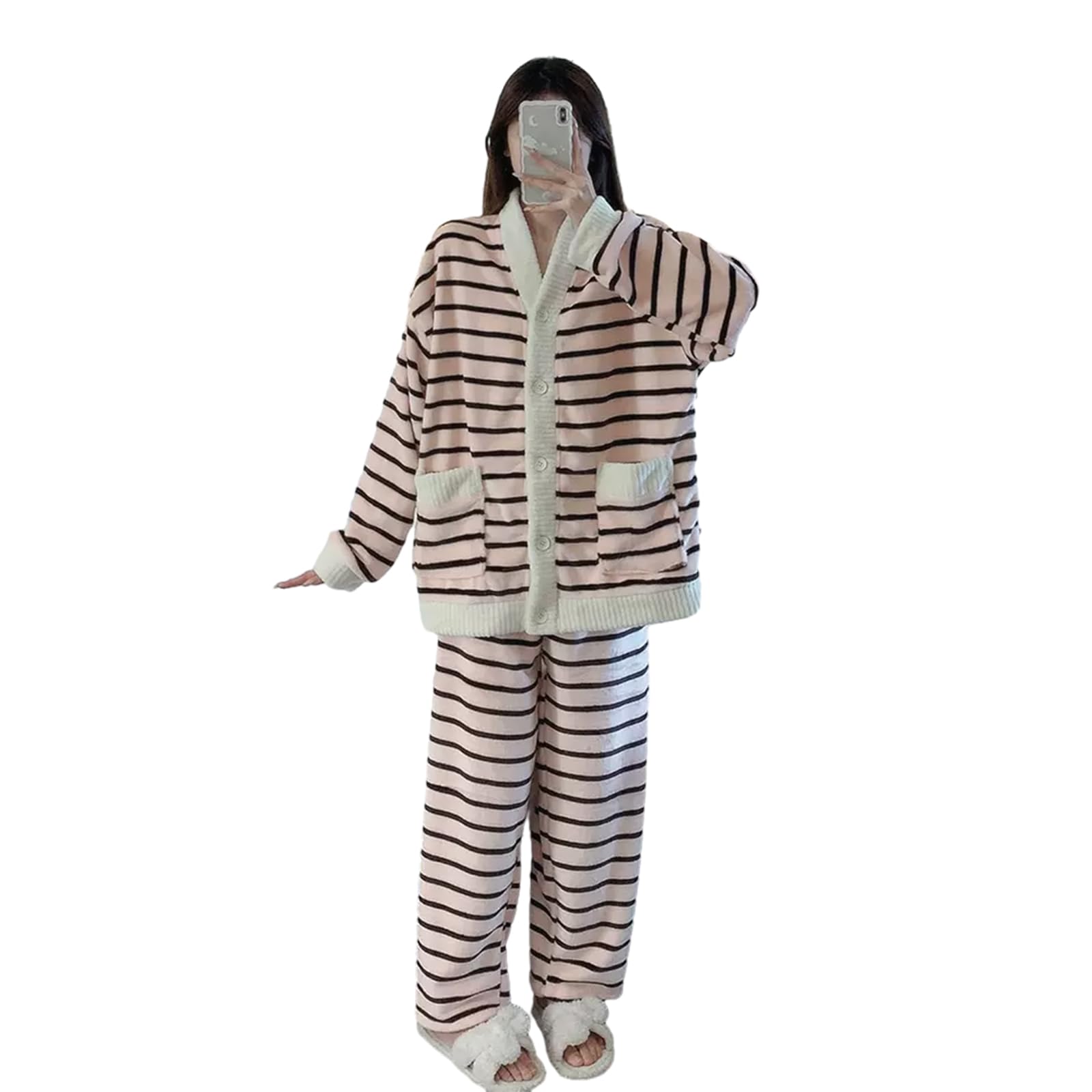 

SIPERLARI Brushed Pajama Fluffy Long Cold Weather and Thermal Loungewear Women s Double-Sided Set, Loungewear, Open-Front, Sleeves, Warm, Protection, розовый