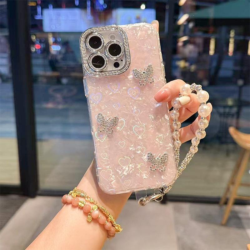 Applicable Iphone17Promax Bracelet Mobile Phone Case Apple 16Pro Butterfly 15 Rhinestone All-Inclusive Hard Case
