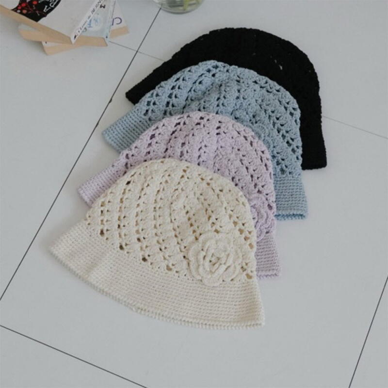 Women s pastel-colored knitted flower bucket hat ivory