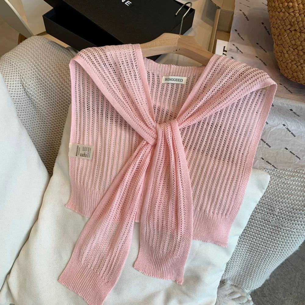 Summer Knitted Shawl Solid Color Neck Guard Scarf Fashion Thin Knotted Cape  for Women