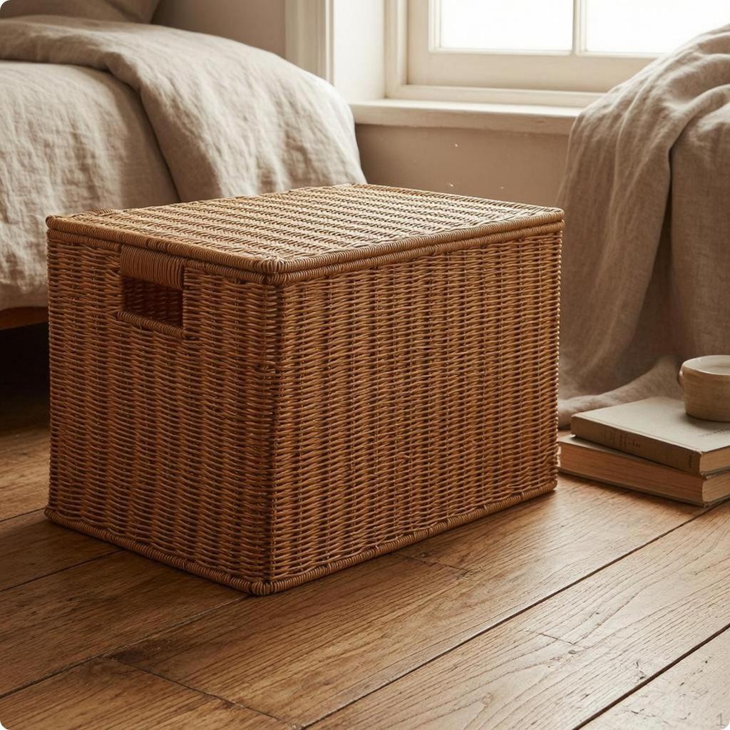 Lidded Storage Box Rigid Woven Rectangular for Bedroom, Living Room
