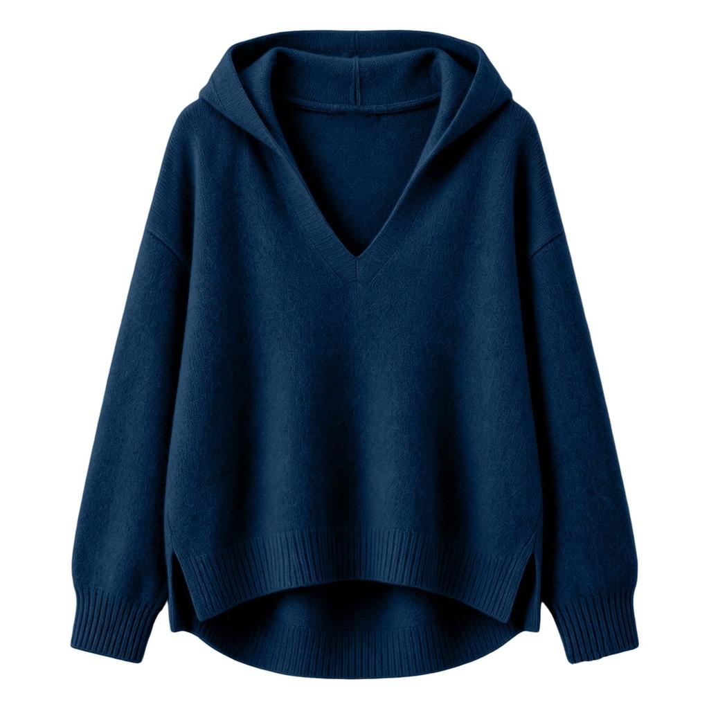 Women's Fashion Knit Sweater, Loose Fit Hooded V Neck Long Sleeve Pullover for Fall Winter