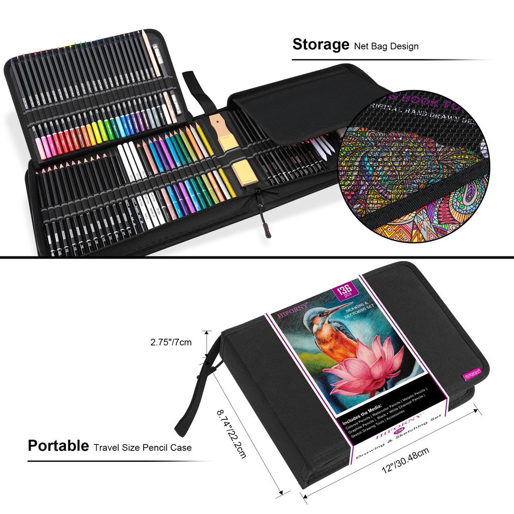 HIFORNY Drawing Sketching Professional Art and Metallic Blending Watercolor and Coloring Book In a Zippered Case & Set, 136-Piece Supplies Graphite,