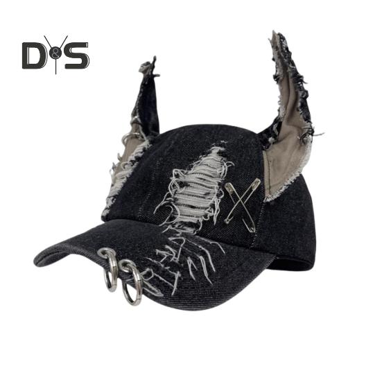 

Джинсовая бейсболка с регулируемым ремешком, потертый дизайн, джинсовая кепка с 3D-кроличьими ушками, уличный аксессуар чёрный