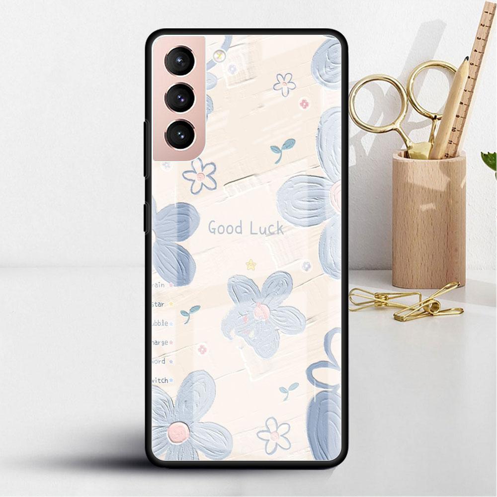 Flower Cute Glass Case For Samsung Galaxy S22 S20 FE S21 Plus Phone Cover S10 5G S9 Note 20 Ultra 10 Lite Shell