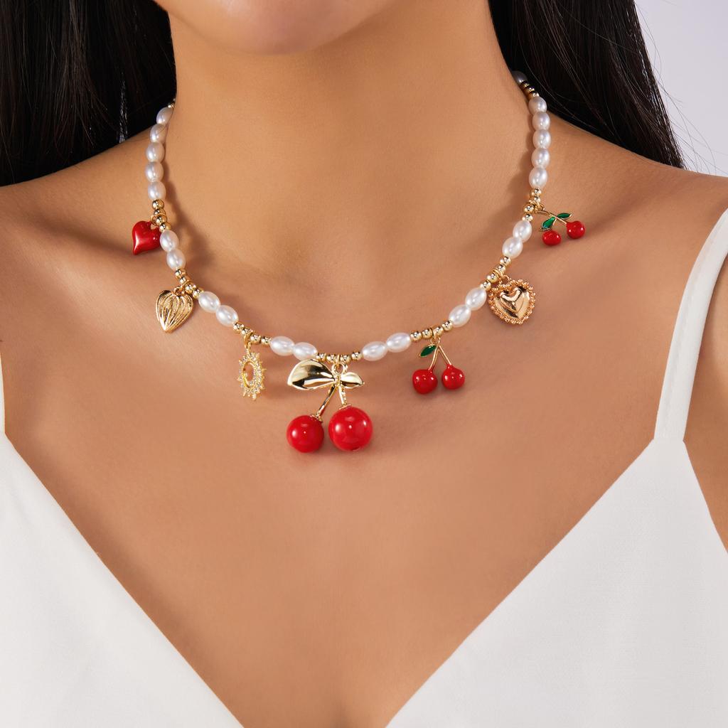 Charm Flower Bowknot Cherry Strawberry Pendant Necklace for Women Fashion Gold Color Metal Choker Chain Dainty Party Jewelry