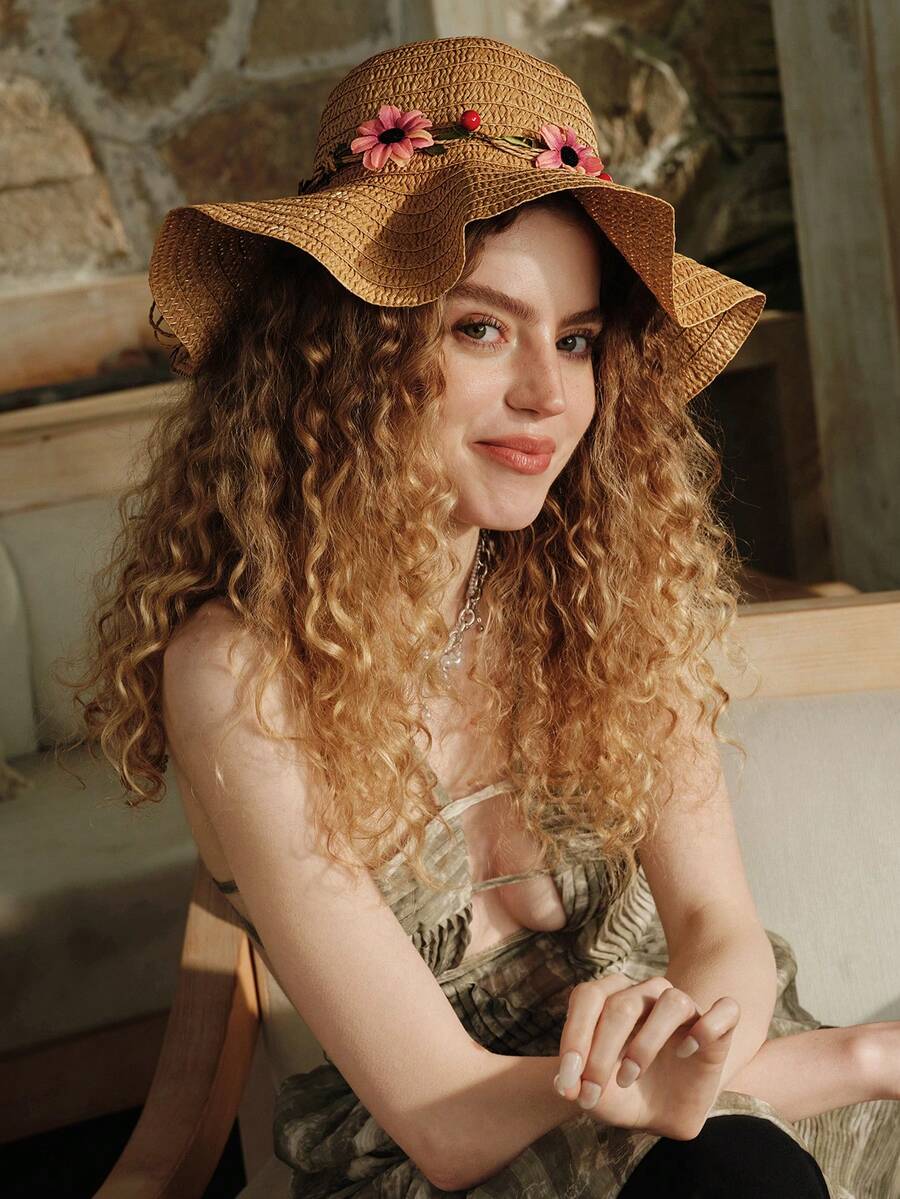 Zealous Sole Women's Khaki Straw Sun Hat With Floral Decorations For Beach Summer Vacation Cm