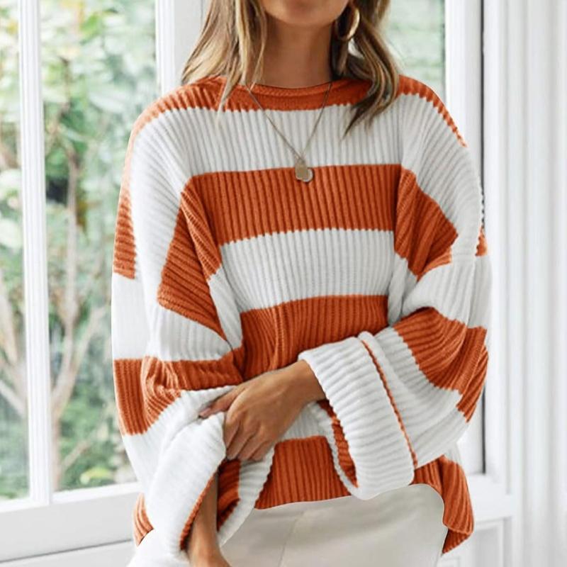 

Осенне-зимний круглый вырез горловины полосатый вязаный свитер женский расклешенный рукав свободные пуловеры свитера для женщин модные винтажные повседневные женские джемперы 25118 XL оранжевый