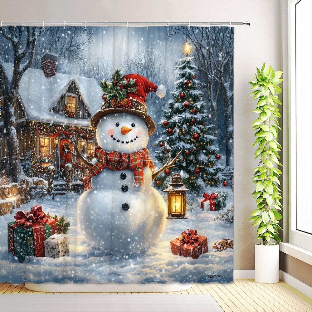 Christmas Snowman Shower Curtain Trees Gift Boxes Snowflake Winter Forest Snow Scenery Cedar Xmas Home Bathroom Decor With Hooks