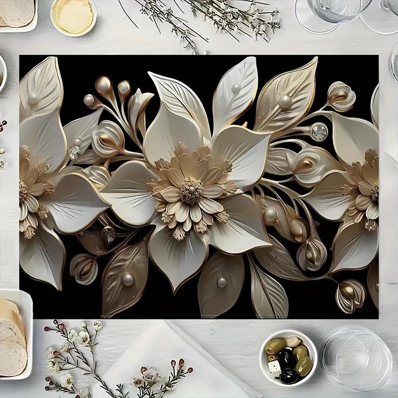 4-Piece Elegant - Themed Placemats - Gold and White Floral & Leaf Design - Ideal for Formal Dinners, Wedding Receptions, Anniver