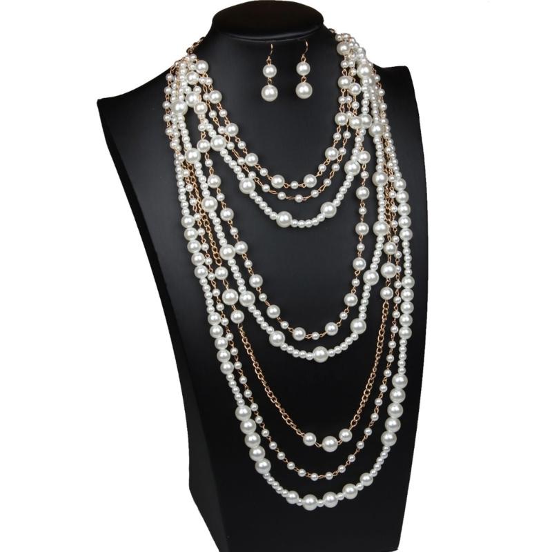 Elegant Multilayer Pearls Necklace and Earrings Set for Women Featuring Handmade Beading and Fashionable Designs