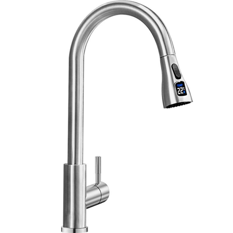 

Temperature Display Kitchen Faucet Two Function Single Handle Pull Out Mixer Hot Cold Water Tap Sink Deck Mounted Single Hole include 60cm hose