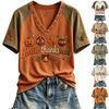 Women's Casual Short Sleeve V-Neck Pullover Top with Thanksgiving Print