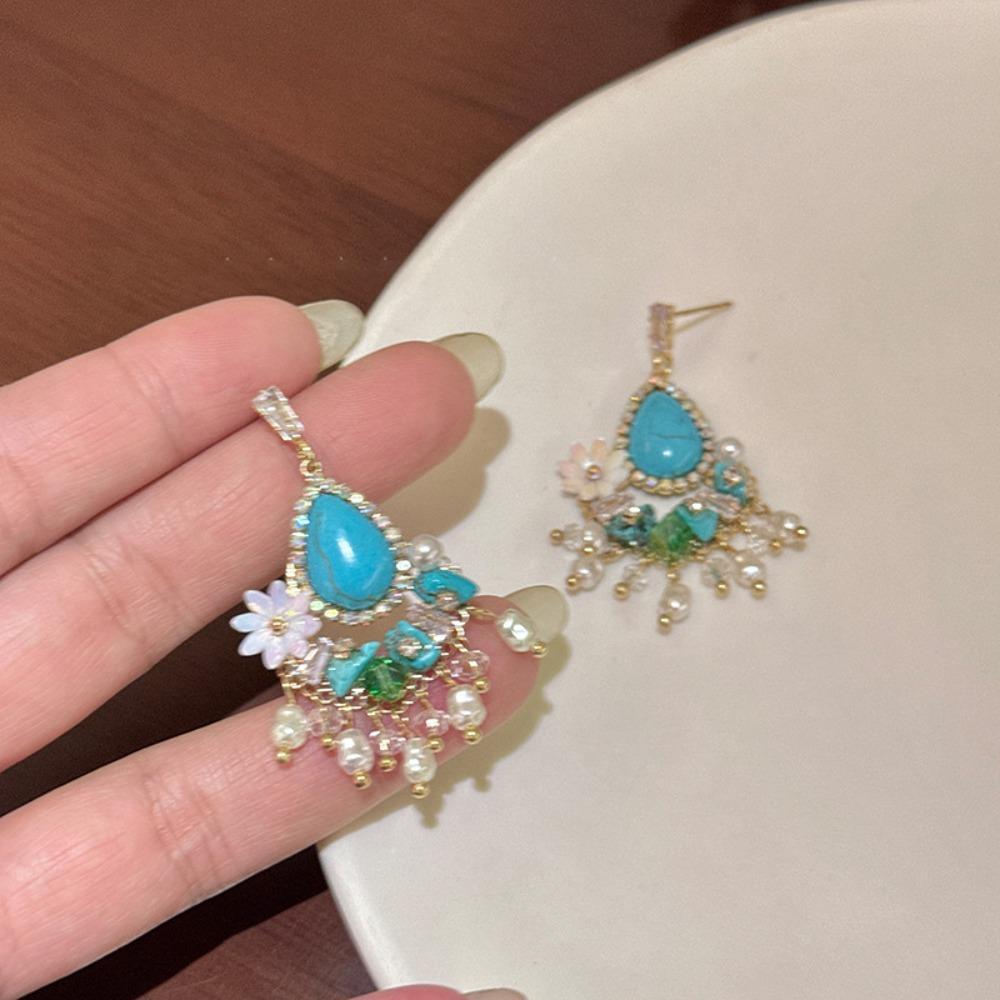 Turquoise Bohemian Turquoise Earrings Pearl Flower Shape Earrings Pendant  Lady Gifts