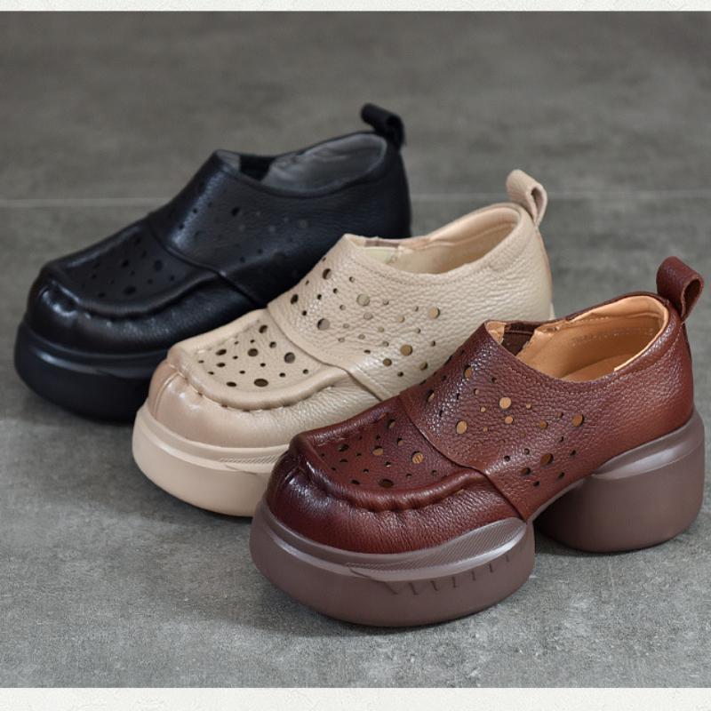 Johnature Thick Soled Retro Hollow Sandals Versatile Genuine Leather High Heels Women's Platform Shoes